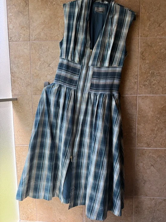 The Tommie Midi Dress Cap-sleeve Blue Plaid Zip-Front Pockets Anthropologie L - Picture 5 of 16